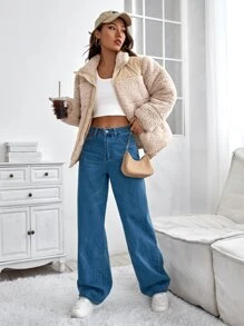 SHEIN EZwear Teddy Panel Zipper Padded Coat - Apricot - View 6