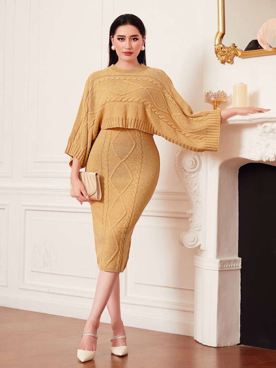 Modelyn Dolman Sleeve Cable Knit Jumper & Knit Dress - Yellow - View 1