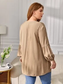 SHEIN Clasi 大碼燈籠袖前紐扣襯衫 - 卡其色 - 查看 2