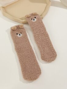 1 Pair Women's Cute Bear Coral Fleece House Fluffy Socks, Cozy - Brown - View 3
