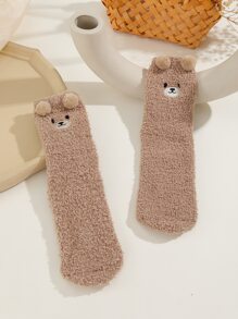 1 Pair Women's Cute Bear Coral Fleece House Fluffy Socks, Cozy - Brown - View 4