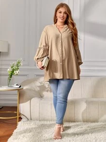 SHEIN Clasi 大碼燈籠袖前紐扣襯衫 - 卡其色 - 查看 5