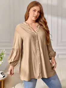 SHEIN Clasi 大碼燈籠袖前紐扣襯衫 - 卡其色 - 查看 4