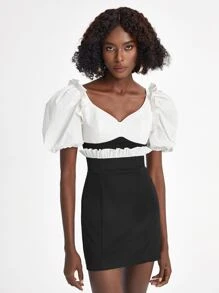 Oxana 褶邊泡泡袖假兩件連衣裙 - 黑色 - 查看 1