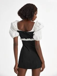 Oxana 褶邊泡泡袖假兩件連衣裙 - 黑色 - 查看 2