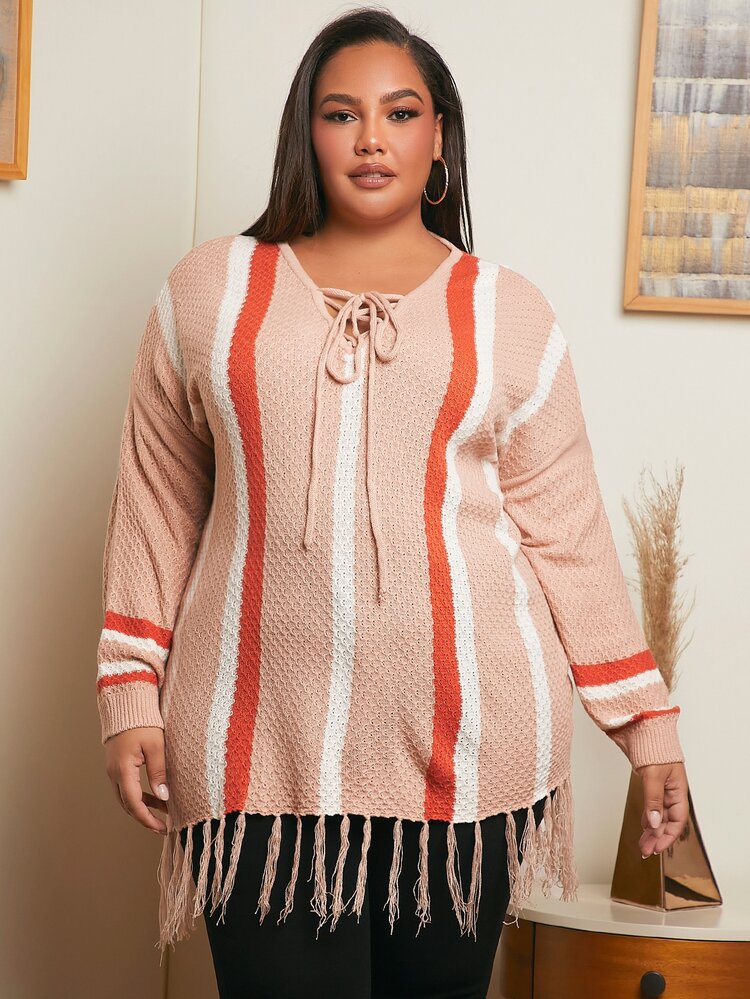 Plus Colorblock Tassel Hem Drop Shoulder Lace-up Front Sweater