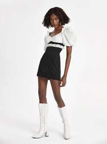 Oxana 褶邊泡泡袖假兩件連衣裙 - 黑色 - 查看 3