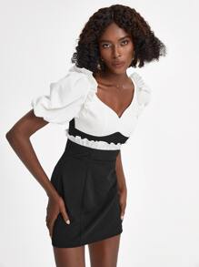 Oxana 褶邊泡泡袖假兩件連衣裙 - 黑色 - 查看 4