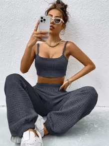 SHEIN EZwear 吊帶短上衣和運動褲 - 深灰色 - 查看 1