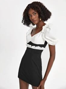 Oxana 褶邊泡泡袖假兩件連衣裙 - 黑色 - 查看 6