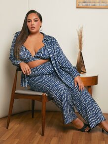 SHEIN CURVE+ Plus Allover Print Shirt & Wide Leg Trousers - Navy Blue - View 1