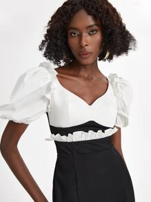 Oxana 褶邊泡泡袖假兩件連衣裙 - 黑色 - 查看 7