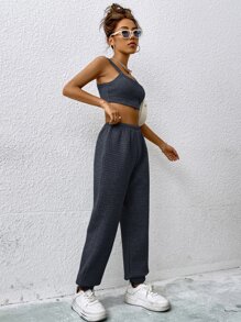 SHEIN EZwear 吊帶短上衣和運動褲 - 深灰色 - 查看 5