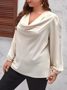 SHEIN Privé Plus Solid Draped Front Blouse - Beige - View 5