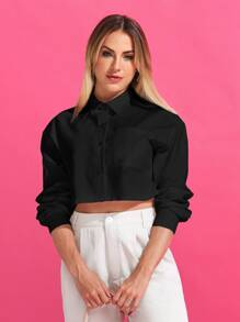 SHEIN EZwear Áo sơ mi nữ Túi Nút phía trước màu trơn Giải trí - màu đen - Xem 5