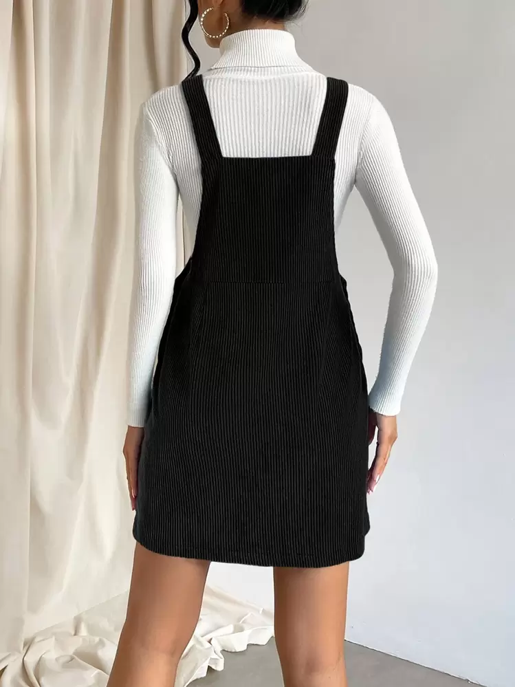 black corduroy overall dress Shewin Corduroy Front Pockets Overall Dress | Green main image 1