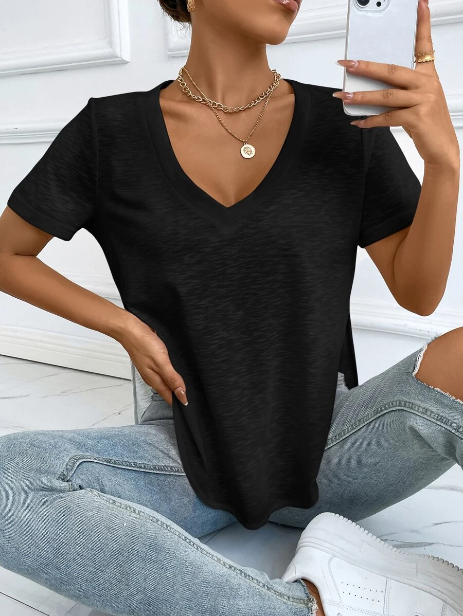 SHEIN Essnce Áo thun nữ màu trơn Giải trí - màu đen - Xem 1