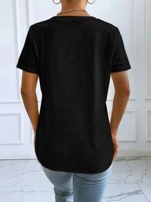 SHEIN Essnce Áo thun nữ màu trơn Giải trí - màu đen - Xem 2