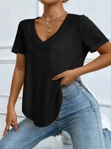 SHEIN Essnce Áo thun nữ màu trơn Giải trí - màu đen - Xem 3