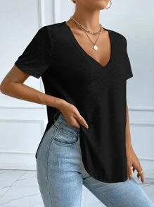 SHEIN Essnce Áo thun nữ màu trơn Giải trí - màu đen - Xem 4