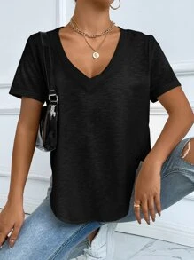 SHEIN Essnce Áo thun nữ màu trơn Giải trí - màu đen - Xem 5