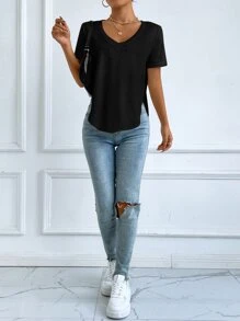 SHEIN Essnce Áo thun nữ màu trơn Giải trí - màu đen - Xem 6