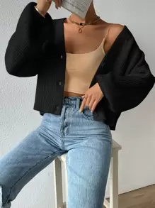 SHEIN EZwear Cárdigan de punto acanalado con hombros caídos, blusas de manga larga para otoño/invierno