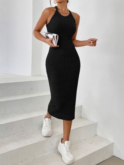SHEIN Essnce فستان ضيق موحدة اللون رسن عنق