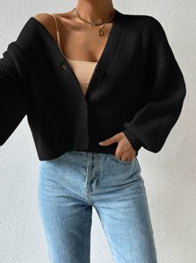 SHEIN EZwear Cárdigan de punto acanalado con hombros caídos, blusas de manga larga para otoño/invierno