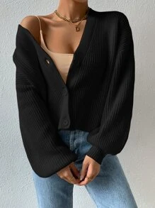 SHEIN EZwear Cárdigan de punto acanalado con hombros caídos, blusas de manga larga para otoño/invierno