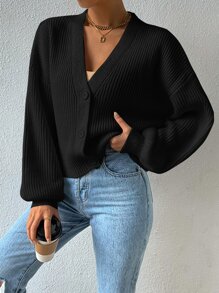 SHEIN EZwear Cárdigan de punto acanalado con hombros caídos, blusas de manga larga para otoño/invierno