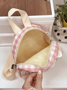 1入組女孩清新格紋尼龍背包,時尚可愛的卡通風格,拉鍊閉合,適合所有季節使用