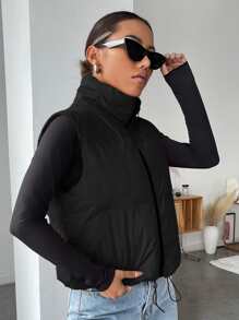 SHEIN EZwear Drawstring Hem Zip Up Vest Black Winter Coat - Black - View 4