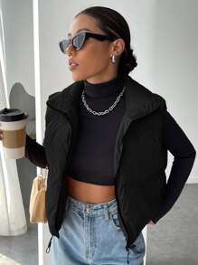 SHEIN EZwear Drawstring Hem Zip Up Vest Black Winter Coat - Black - View 5