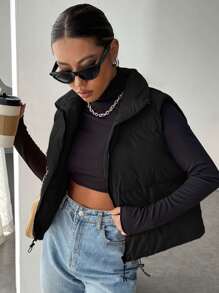 SHEIN EZwear Drawstring Hem Zip Up Vest Black Winter Coat - Black - View 6