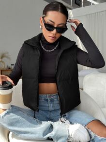 SHEIN EZwear Drawstring Hem Zip Up Vest Black Winter Coat - Black - View 7