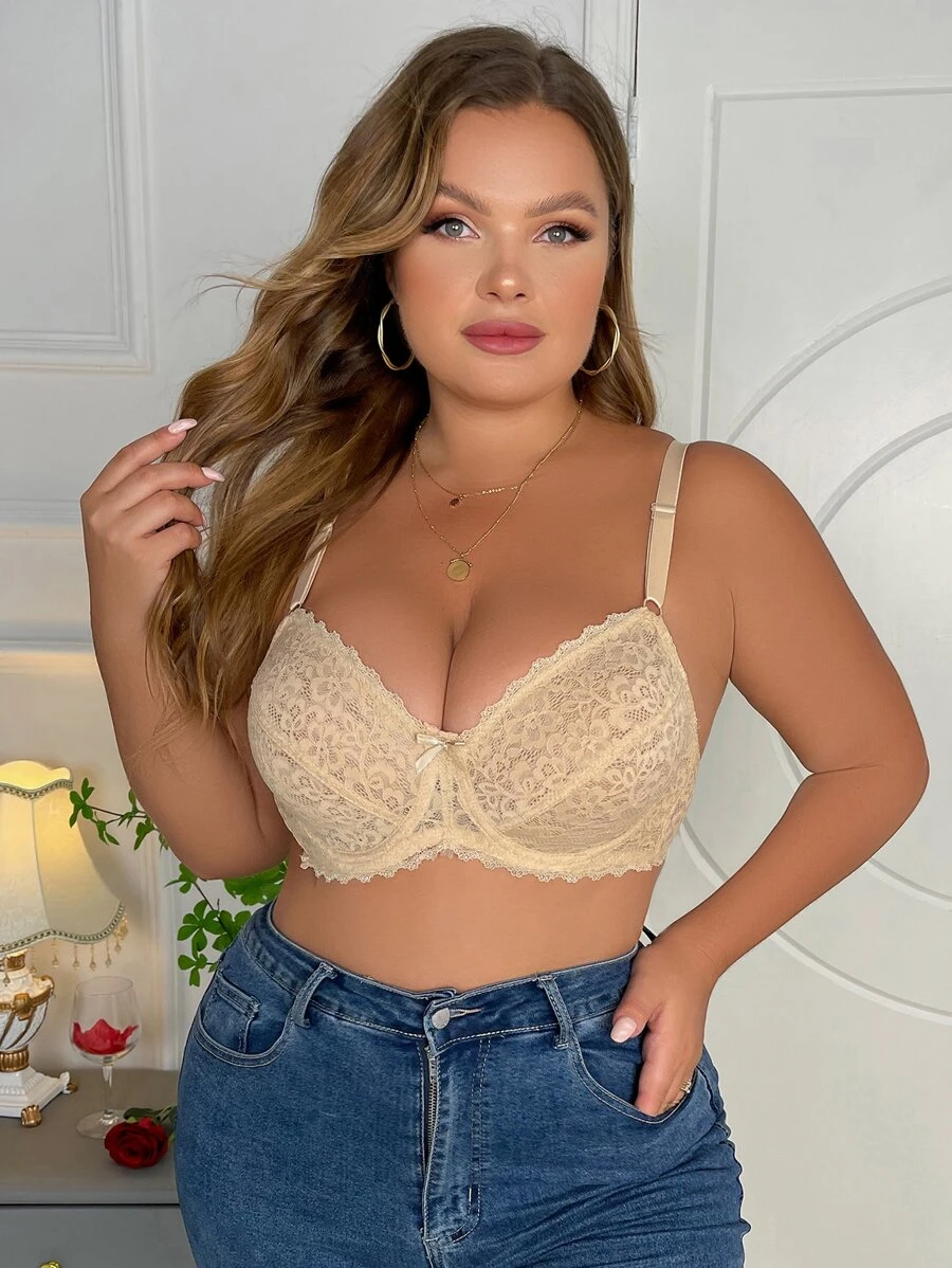 Plus Floral Lace Bow Front Underwire Bra - Apricot - View 1