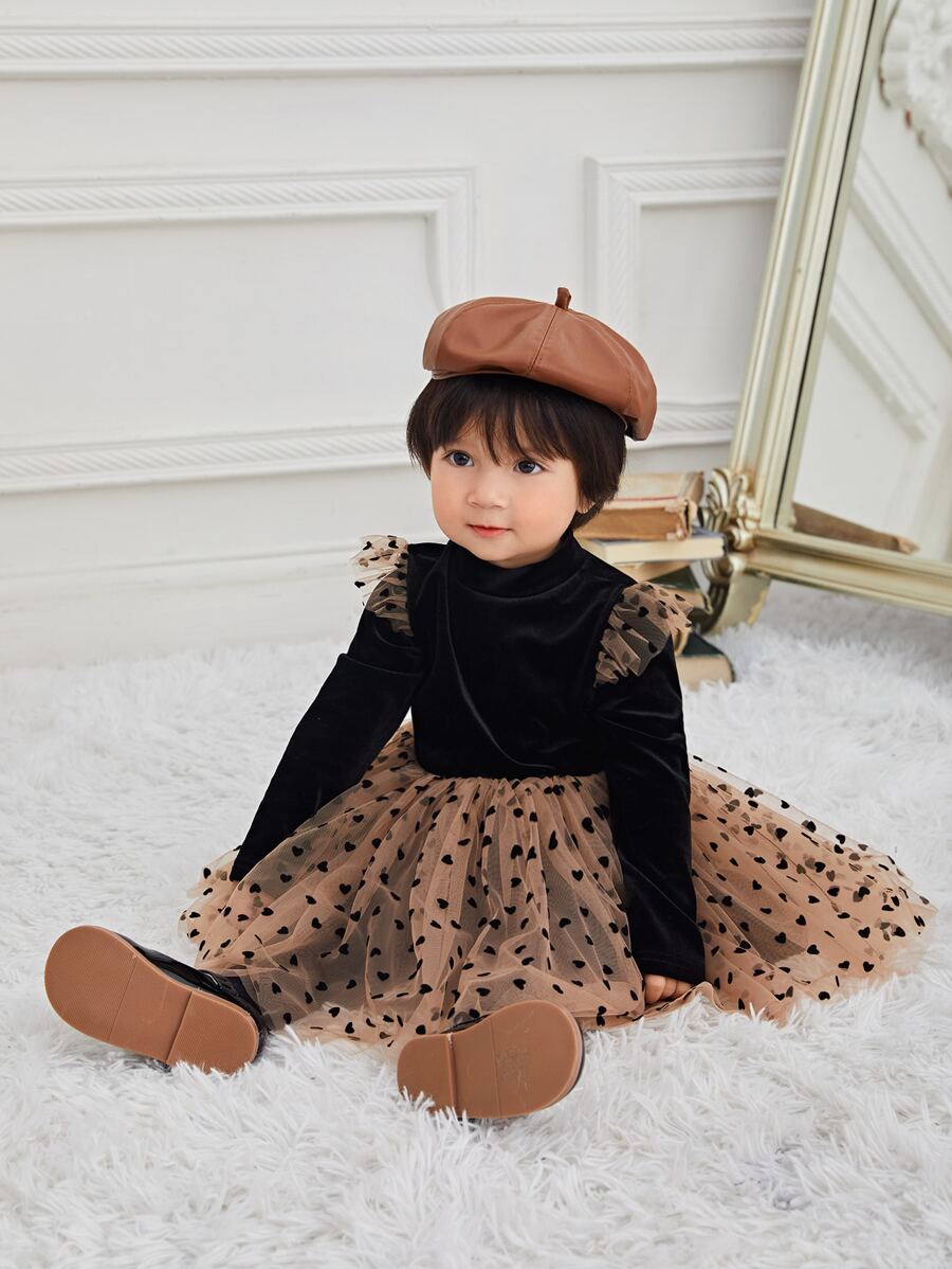 SHEIN Baby Heart Print Mesh Panel Ruffle Trim Velvet Dress - Multicolor - View 1