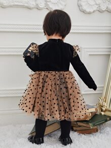 SHEIN Baby Heart Print Mesh Panel Ruffle Trim Velvet Dress - Multicolor - View 2