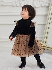 SHEIN Baby Heart Print Mesh Panel Ruffle Trim Velvet Dress - Multicolor - View 9