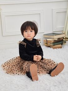 SHEIN Baby Heart Print Mesh Panel Ruffle Trim Velvet Dress - Multicolor - View 8