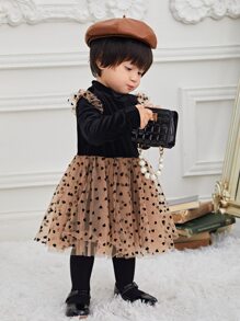 SHEIN Baby Heart Print Mesh Panel Ruffle Trim Velvet Dress - Multicolor - View 7