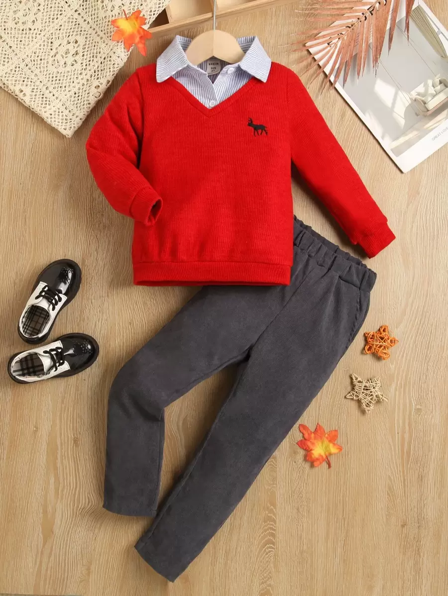 小男童麋鹿刺繡假兩件衛衣和褲子 - 彩色 - 查看 1