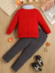 小男童麋鹿刺繡假兩件衛衣和褲子 - 彩色 - 查看 2