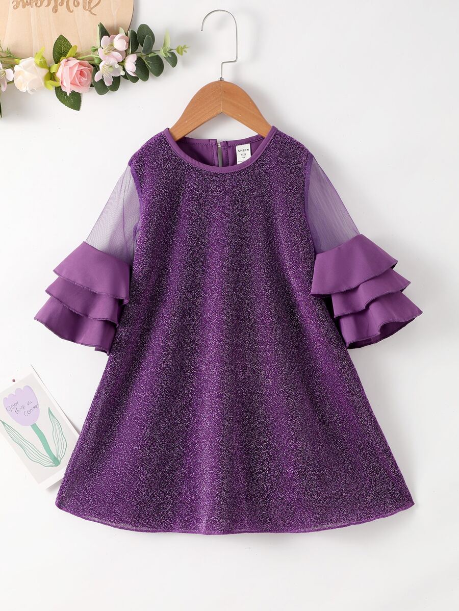 Young Girls Mesh Insert Layered Sleeve Party Dress - Purple - View 1