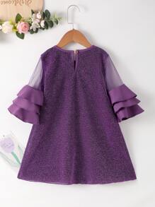 Young Girls Mesh Insert Layered Sleeve Party Dress - Purple - View 2