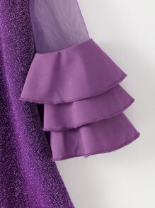 Young Girls Mesh Insert Layered Sleeve Party Dress - Purple - View 3