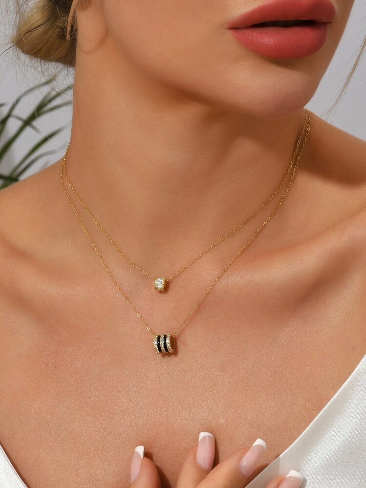 2入組水鑽裝飾戒指墜飾項鍊 - 金黃色 - 查看 1