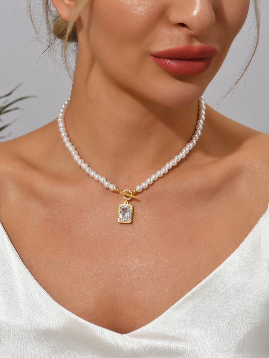 Cubic Zirconia Geometric Charm Beaded OT Buckle Necklace