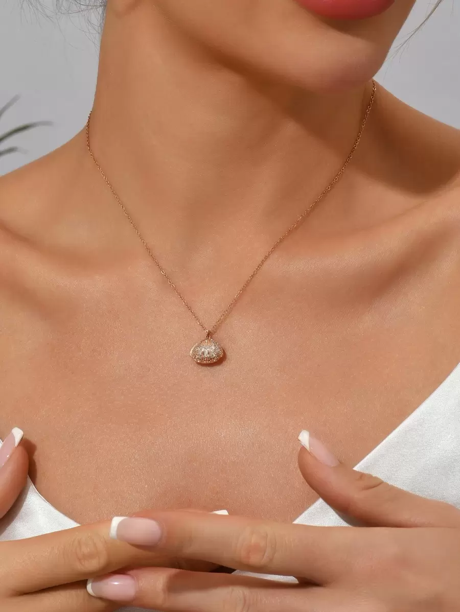 18K金鍍金水鑽貝殼吊墜項鍊 - 玫瑰金 - 查看 1